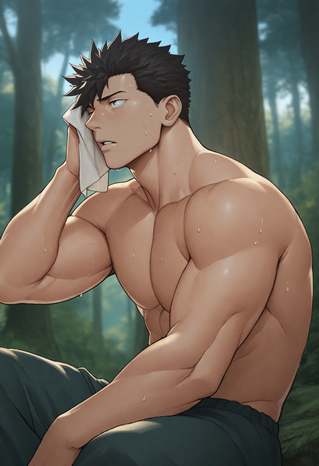masterpiece,best quality,
1boy,bara,
<lora:loren_NAI_EPS_1_0_CAME_v1_rev2:1>,10r3n,black hair,short hair,spiked hair,brown eyes,sanpaku,
topless male, looking afar, wiping sweat, sitting, outdoors, nature, forest, blue sky, blurry background, scenery, parted lipsâââ