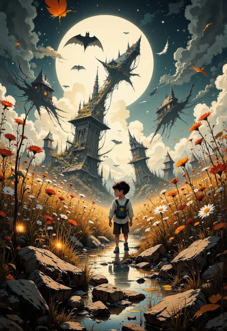 Create a beautifully detailed sketch capturing a fantastical world infused with nostalgia and shadowy intrigue. The style features clean, confident outlines with soft watercolor washes, balancing warmth and accessibility with intricate detail. The palette contrasts muted tones—warm ochres, soft reds, creamy whites—with stark, inky blacks, creating a dramatic interplay of light and shadow that evokes both innocence and mystery. The atmosphere blends vintage children’s book charm with an eerie undertone, as if balanced between reality and a shadowy dreamscape.
Characters should have naturalistic proportions and subtle expressiveness, their features gently exaggerated to reflect curiosity, resilience, or vulnerability. Dynamic shadow puppet figures may emerge in the background, their silhouettes adding to the narrative and reinforcing the duality of light and shadow. The focus will be on a specific subject—Crossing a field bathed in pale moonlight, Henry walks among shadowy flowers swaying rhythmically, their faintly glowing petals casting soft reflections on the ground. The eerie stillness is broken only by a quiet, haunting melody that seems to come from nowhere—carefully integrated into the scene. The composition is grounded yet surreal, seamlessly merging whimsical simplicity with haunting, thought-provoking detail to invite wonder and introspection.