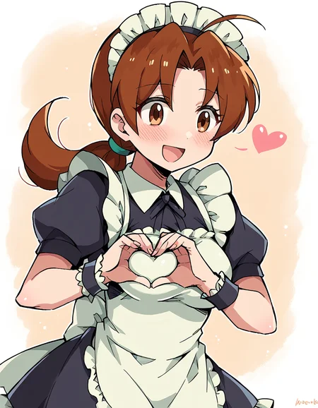 score_9, score_8_up, score_7_up, source_anime, <lora:delia-ketchum-ponyxl-lora-nochekaiser:1> deliaketchum, brown hair, brown eyes, parted bangs, ahoge, ponytail, low ponytail, medium breasts, mature female, <lora:moe-moe-kyun-ponyxl-lora-nochekaiser:1> heart-shaped boob challenge, moe moe kyun! heart hands, enmaided, maid, maid headdress, apron, maid apron, ,, open mouth, blush, embarrassed, clsoed eyes, smile,, cowboy shot