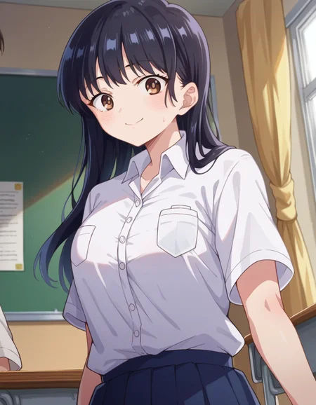 score_9, score_8_up, score_7_up, source_anime,
annayamada, <lora:anna-yamada-s2-ponyxl-lora-nochekaiser:1>,
anna yamada, long hair, bangs, black hair, brown eyes,
skirt, shirt, school uniform, white shirt, pleated skirt, collared shirt, sweatdrop, blue skirt, pocket, shirt tucked in, breast pocket,
indoors, classroom, smile,
looking at viewer, cowboy shot, dutch angle,