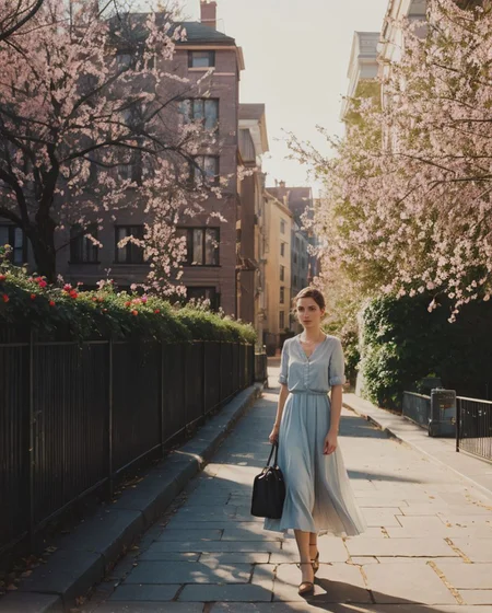 (style of Alessio Albi:1.4), Realist Portraiture, Soft Lighting, Emotional Depth, Muted Color Palettes, Simple Compositions, intricate mystical dreamlike melancholic maiden  <lora:kodak_ultramax_400:0.8> golden hour, soft golden light, pastel sky, subject walking down a quiet city street, cobblestone path, relaxed posture, natural smile, muted vintage tones, earthy colors, subtle blues, soft reds, candid moment, urban park, trees and flowers in background, cityscape in soft focus, leading lines, depth of field, slightly off-center framing, warm tones, cinematic look, natural setting, editorial style, soft textures, subtle lighting, peaceful mood