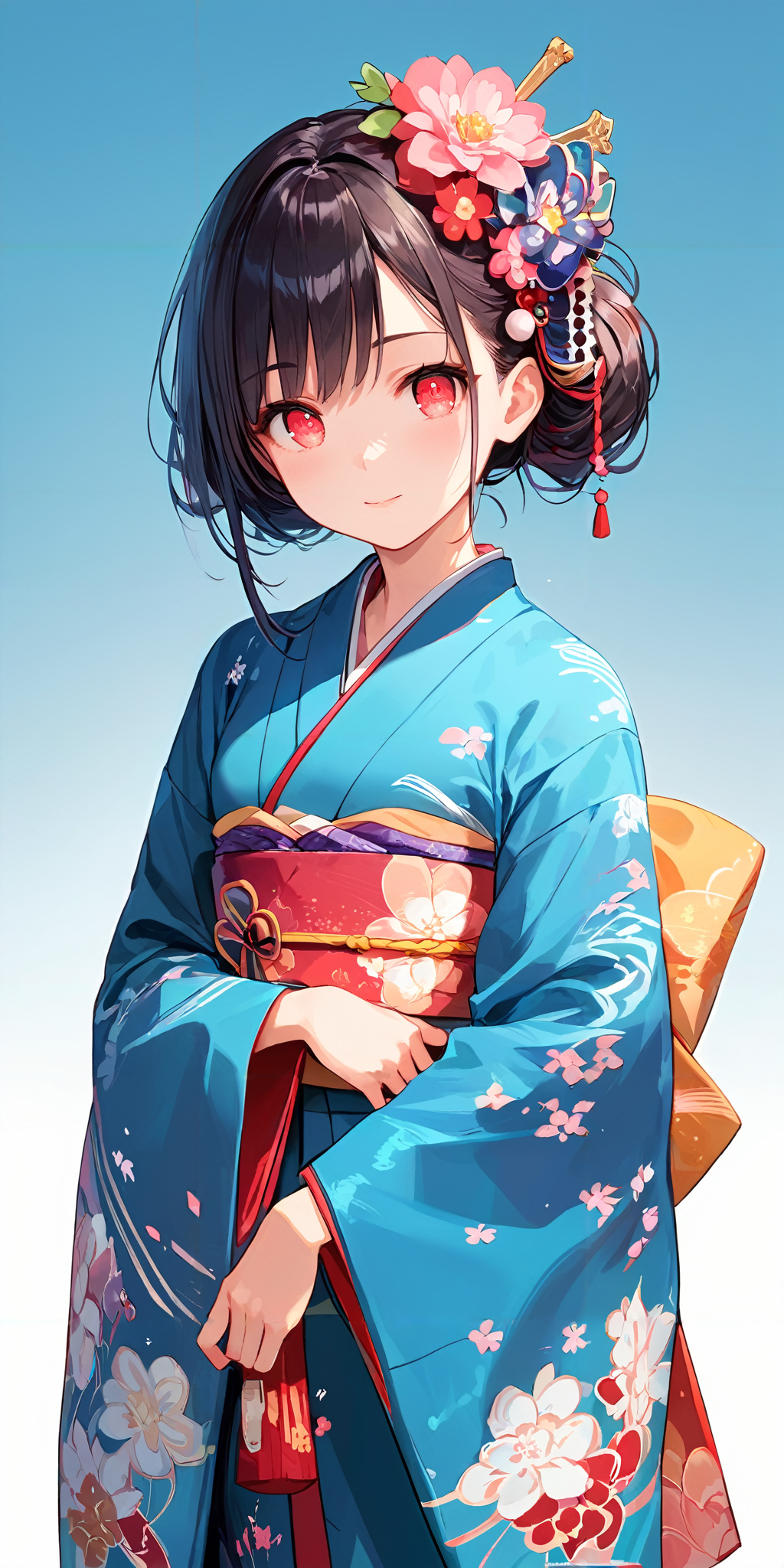 score_9, score_8_up, score_7_up,source_anime, high res image,masterpiece,best quality,girl,cute face,clear skin,shiny hair,ultra detailed eyes,simple background,
  <lora:furisode_Pony_V1.0:1> jyojifuku, furisode, kimono, hair ornament, wide sleeves