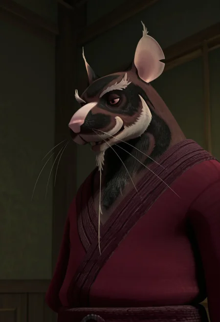 masterpiece, best quality, amazing quality, very aesthetic, absurdres, newest, high quality, detailed, male, solo male, Splinter, 1boy, broad shoulders, mature male, red eyes, athletic build, animal ears, rat, brown body, bushy eyebrows, facial hair, beard, anthro, anthro male, red robe, detailed face, detailed eyes, looking at viewer, half lidded eyes, smiling, indoors, volumetric lighting, close up, bust shot, side view