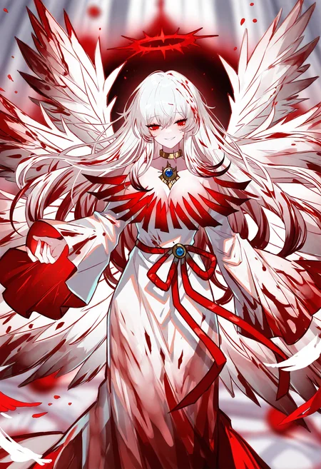 1girl, red eyes, wings, food, apple, white hair, long hair, blood, multiple wings, fruit, halo, angel, blood on clothes, solo, angela \(project moon\), angel wings, smile, dress, breasts, white dress, looking at viewer, blood in hair, cleavage, wide sleeves, jewelry,
masterpiece,best quality,newest,absurdres,highres,very awa,<lora:sheya1_noob1.1-000198:0.8>,