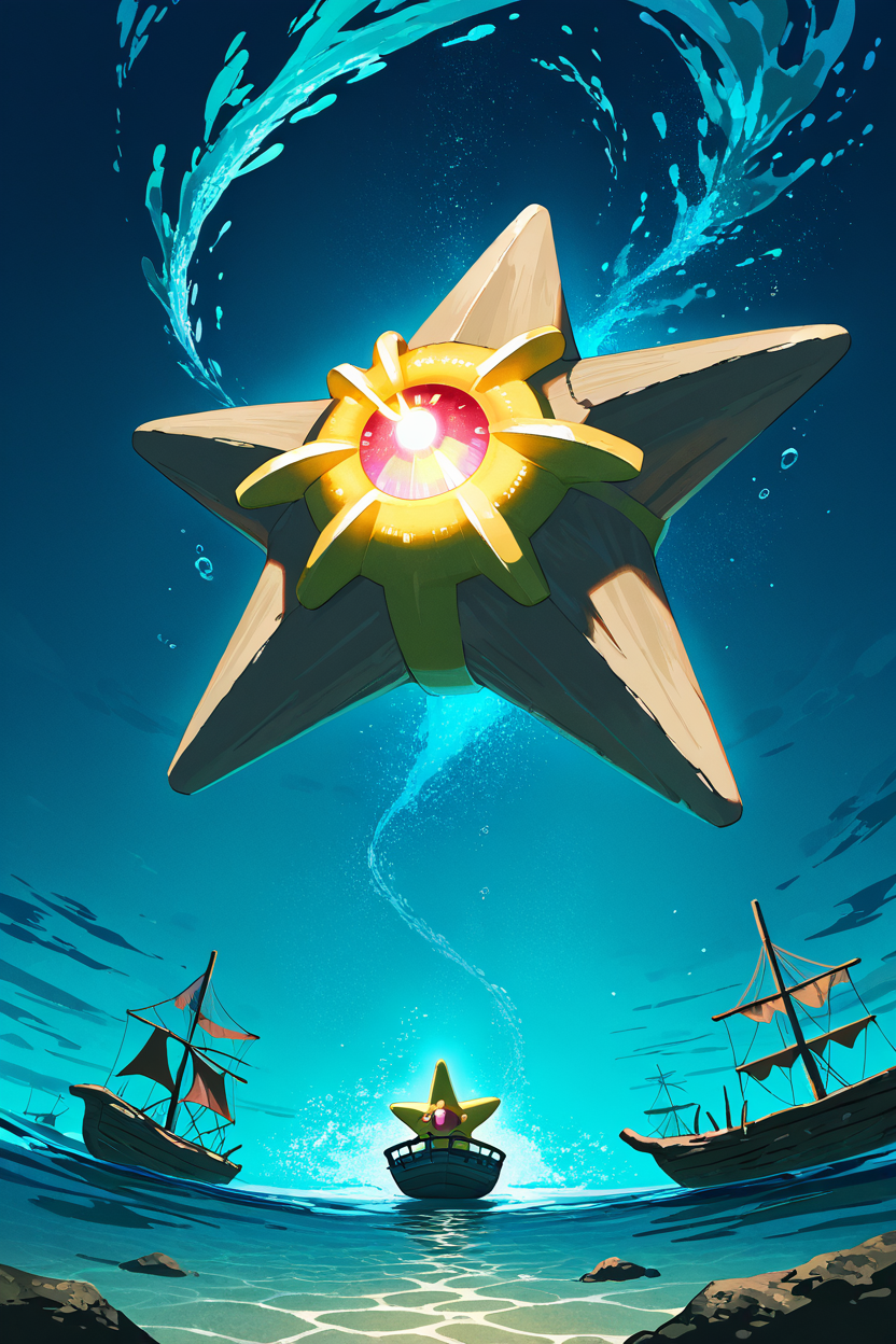 masterpiece, best quality,  zzStaryu, pokemon (creature), no humans, <lora:StaryuPokedexIXL:1.0>,  drifting near a shipwreck, glowing brightly, eerie and mysterious ocean background, soft lighting, highly detailed underwater atmosphere