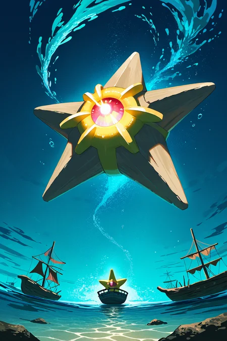 masterpiece, best quality, zzStaryu, pokemon (creature), no humans, <lora:StaryuPokedexIXL:1.0>, drifting near a shipwreck, glowing brightly, eerie and mysterious ocean background, soft lighting, highly detailed underwater atmosphere