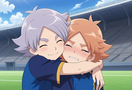 masterpiece,best quality,amazing quality, source_anime, parody,
2boys, brothers, hug
orion soccer uniform, shirt, blue shirt, raglan sleeves, short sleeves,
FubukiAtsuya, 1boy, male focus, closed eyes, orange hair, tears stream BREAK
fubukishirou, 1boy, male focus, grey hair, parted bangs, grey eyes, blush, smile, BREAK
outdoor, sky, day, clouds,