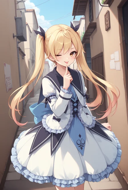 score_9, score_8_up, score_7_up, score_6_up, score_5_up, score_4_up,anime source,one eye closed, tongue out,
Renne(lo), frilled dress,
ensemble style,yukitwin(ensemble),1girl,blonde hair,blonde eyes,twintails,long hair,smile,
street,alley, outdoors,<lora:RenneloXLPony:1>,<lora:YukiXLPony:1>