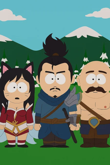 League of Legends characters: Ahri, Yasuo, Braum, in South Park, South Park art style.