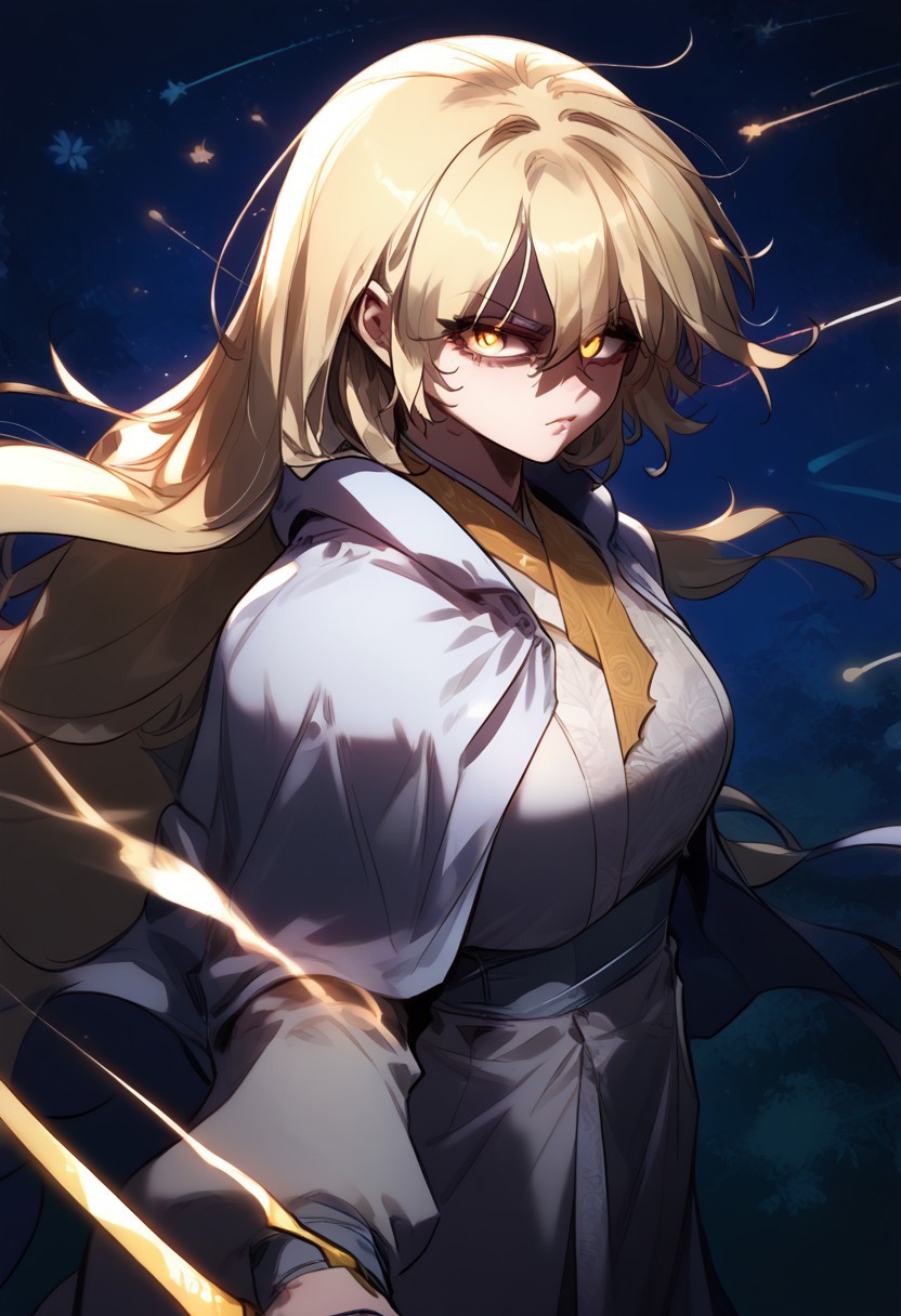 zPDXL3, score_9_up, score_8_up, score_7_up, (Anime_source), 1girl, HuaRan WiSeol-Ah, amber eyes, long hair, Blonde hair, Seol clothes, looking at viewer, from side, cowboy shot, floating swords, sword glowing, floating hair, glowing, glowing eye trail