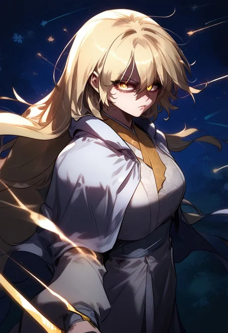 zPDXL3, score_9_up, score_8_up, score_7_up, (Anime_source), 1girl, HuaRan WiSeol-Ah, amber eyes, long hair, Blonde hair, Seol clothes, looking at viewer, from side, cowboy shot, floating swords, sword glowing, floating hair, glowing, glowing eye trail