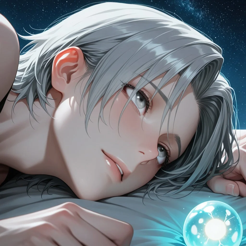 masterpiece, best quality, amazing quality, absurdres, newest, detailed background, definition so sharp, Ultra-HD, 8K cinematic, very awa, impressionate, amazing quality, highres,
solo, male focus, manly,
yashiroisana, 1boy, short hair, parted bangs, shiro_pretime, shiro_grey hair, shiro_grey eyes, lying down, looking up, dreamy expression, calm, starry sky, glowing orbs, playful, aesthetic, ethereal, serene, imaginative