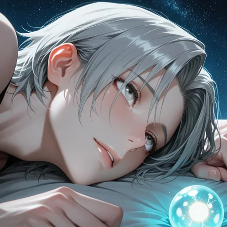 masterpiece, best quality, amazing quality, absurdres, newest, detailed background, definition so sharp, Ultra-HD, 8K cinematic, very awa, impressionate, amazing quality, highres,
solo, male focus, manly,
yashiroisana, 1boy, short hair, parted bangs, shiro_pretime, shiro_grey hair, shiro_grey eyes, lying down, looking up, dreamy expression, calm, starry sky, glowing orbs, playful, aesthetic, ethereal, serene, imaginative