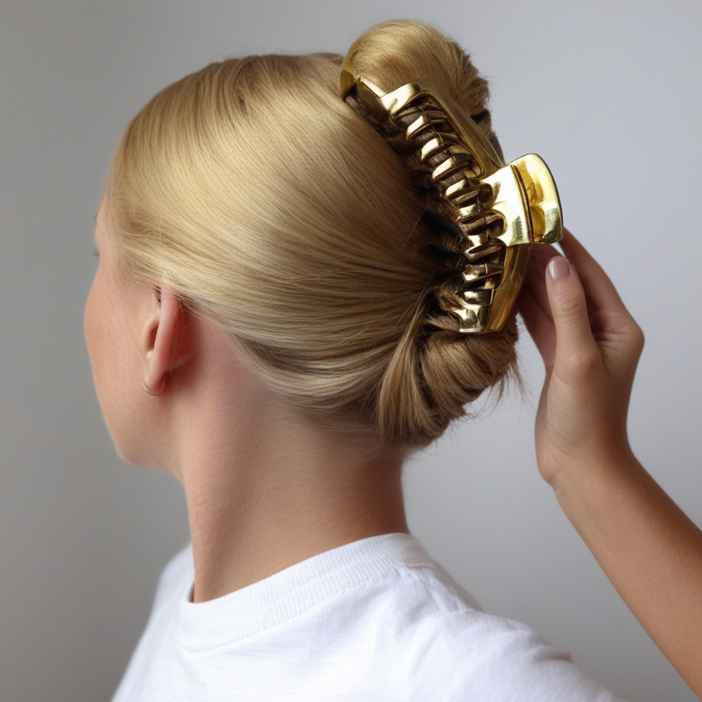 1girl, solo, hairclawstyle, tying hair, gold hairclaw