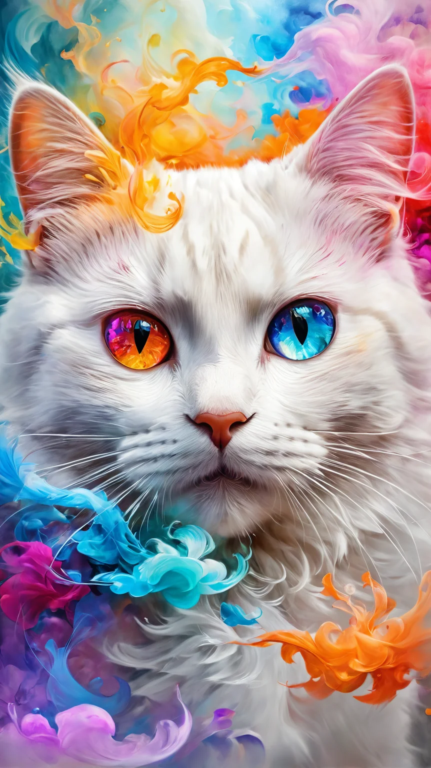 (((masterpiece))), ((ultra-detailed)), Abstract style cute, smoke, in the sky, colorful and vibrant, mystical colors, contemporary impressionism, yanjun cheng portrait painting, iridescent perspective view ,low angle, sweeping circling composition, large beautiful crystal eyes, big irises, UHD, HDR, 8K, the most beautiful portrait in the world, white little cat, Non-representational, colors and shapes, expression of feelings, imaginative