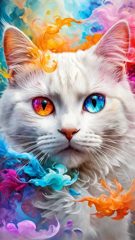 (((masterpiece))), ((ultra-detailed)), Abstract style cute, smoke, in the sky, colorful and vibrant, mystical colors, contemporary impressionism, yanjun cheng portrait painting, iridescent perspective view ,low angle, sweeping circling composition, large beautiful crystal eyes, big irises, UHD, HDR, 8K, the most beautiful portrait in the world, white little cat, Non-representational, colors and shapes, expression of feelings, imaginative