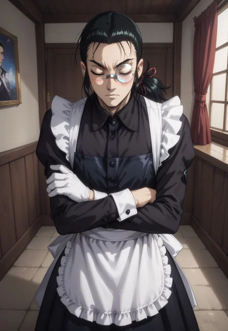 masterpiece, best quality, amazing quality, 1Boy, DarkWalter, solo, 1boy, male, black hair, ponytail, hair pulled back, hair ribbon, blue eyes, monocle, round eyewear, white gloves, l0ngm41d, long sleeves, bow, apron, maid, frilled apron, standing, closed eyes, crossed arms, blush, angry, perspective, indoors, manor, from above