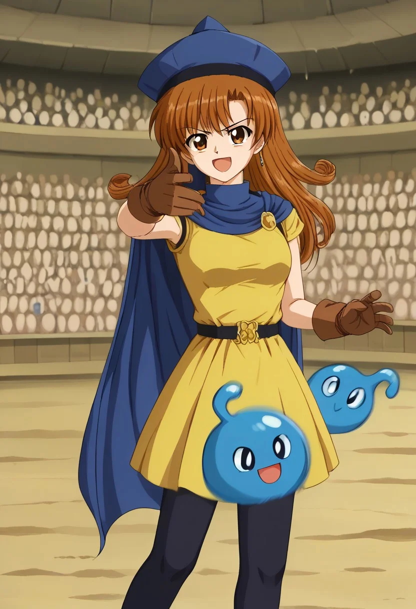 1girl, solo, otenbahimealena, brown hair, curly hair, brown eyes, long hair, yellow dress, brown gloves, blue hat, blue cape, black pantyhose, outdoors,  standing, serious, coliseum, open mouth, smile, EminemThrowingMeme, motion lines, motion blur, throwing, (throwing slime:1.2)