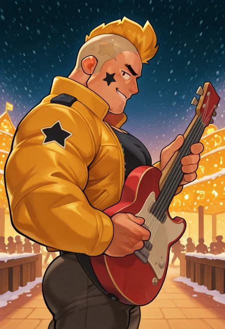 mbtiesfp, 1boy, blonde, short hair, black star on face,, yellow jacket, black shirt, looking at viewer, smirk, grin, happy, brawlStars, in the amusement park, pants, portrait, half body, upper body, amber eyes, shaved mohawk, source_cartoon, vector art, 2d, bara, manly, muscular, 3/4 view, night sky, aurora in the sky, snow, playing guitar, {{holding red electric guitar}}, in the concert, ((floating colorful muscial notes)), snowstorm, Side View, Pec focus, left view, warm lighting, with people walking background, Ru1ss, w0lfc0nf, {{colorful glowing musical notes}}