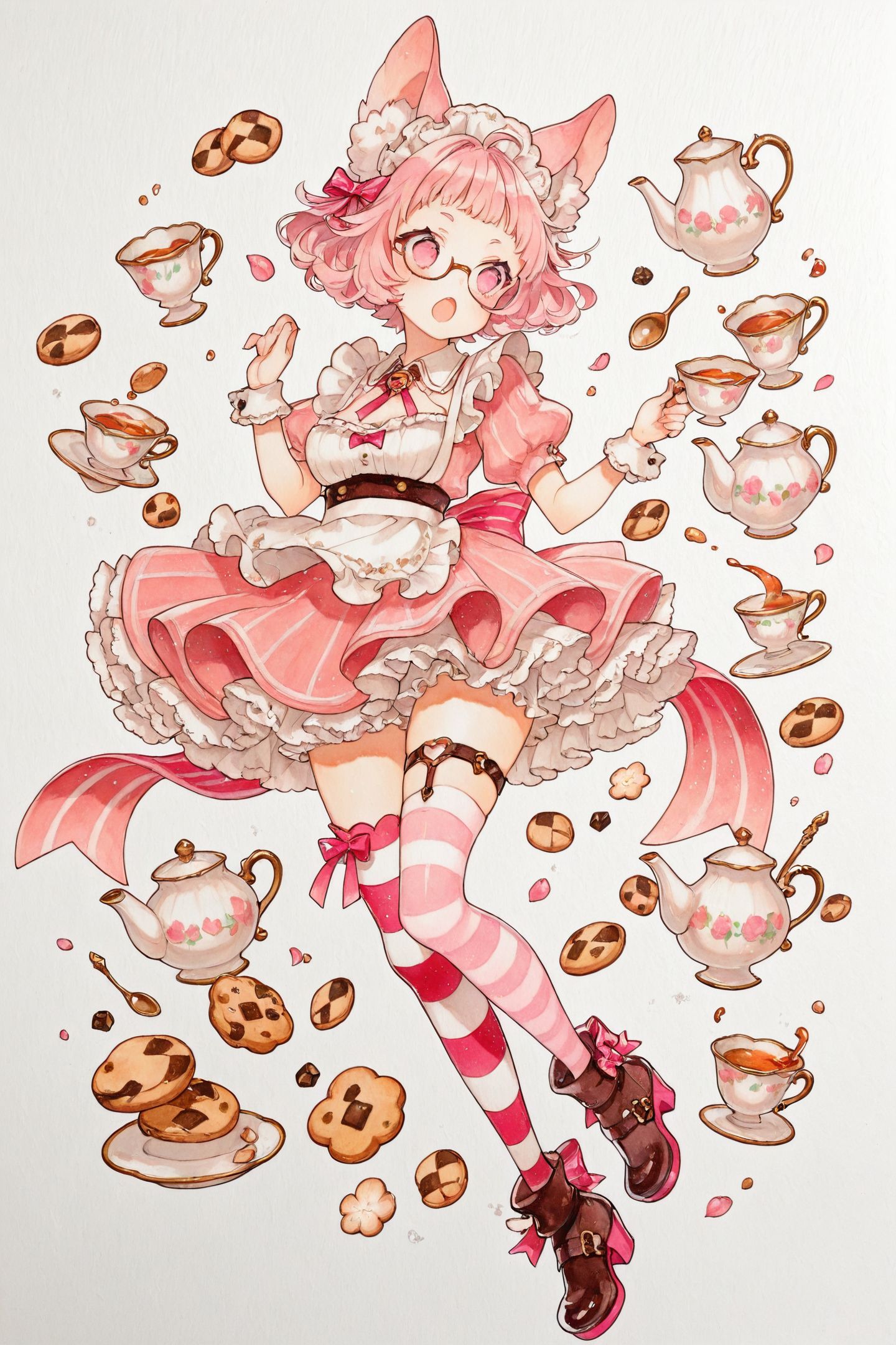 1girl,thighhighs,solo,animal ears,teacup,glasses,cookie,food,pink hair,pink eyes,striped thighhighs,asymmetrical legwear,mismatched legwear,teapot,cup,white background,full body,open mouth,striped clothes,simple background,spoon,short hair,traditional media,
<lora:Uekura Eku_illustriousXL:0.9>,