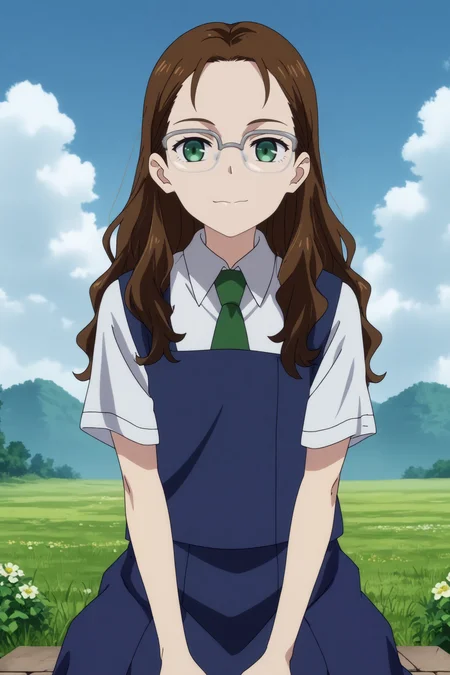 nagase koito,1girl,solo,glasses,school uniform,necktie,long hair,over-rim eyewear,shirt,smile,green necktie, short sleeves,sit,on floor,looking at viewer,cowboy_shot BREAK outdoors,blue sky,field,cloud <lora:Nagase_Koito_-_Wonder_Egg_Priority.safetensors:0.8> <lora:detailed_backgrounds_v2.safetensors:0.5>