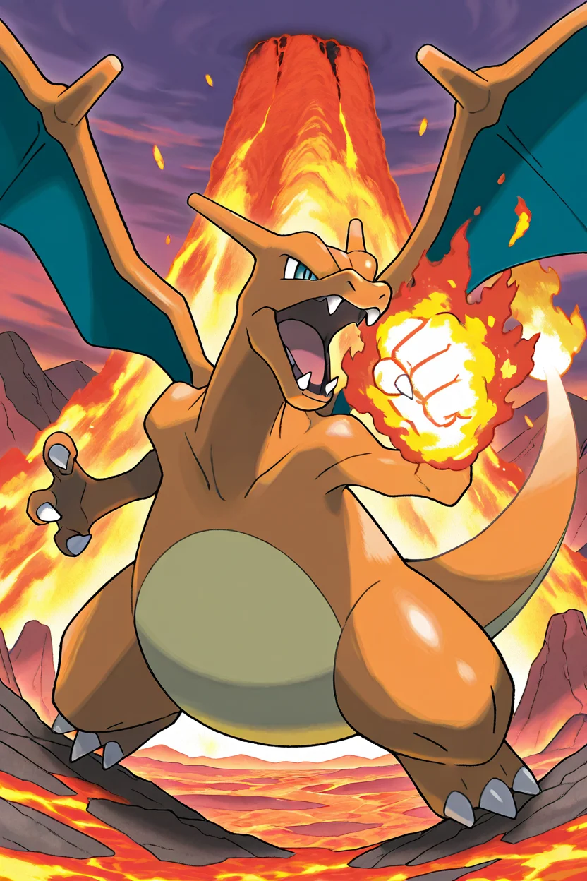 masterpiece, best quality, <lora:CharizardPokedexIXL:1.0>, Charizard, no humans, fangs, fire, game freak, gen 1 pokemon, highres, nintendo, official art, pokemon, solo, sugimori ken, wings, cowboy shot, volcano, lava, incoming attack, punch, angry,