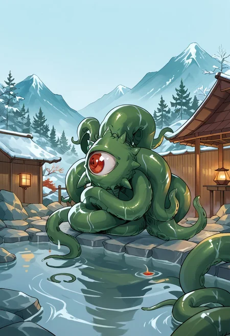 score_8, score_8_up, score_7_up, source_cartoon, no humans, solo, Shuma Gorath, cyclops, red eye, eldritch abomination, tentacles, onsen