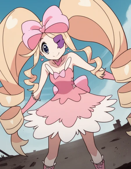 score_9, score_8_up, score_7_up, source_anime,
nuiharime, <lora:nui-harime-s1-ponyxl-lora-nochekaiser:1>,
nui harime, big hair, blonde hair, blue eyes, drill hair, eyepatch, hair bow, long hair, pink bow, twin drills, twintails,
boots, bow, dress, eyepatch, hair bow, pink footwear, strapless, strapless dress,
outdoors, wasteland, bent over, smile,
solo, dutch angle, looking at viewer, cowboy shot,