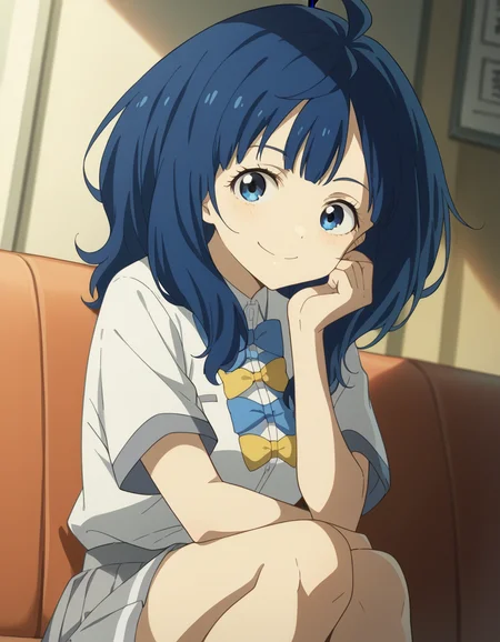score_9, score_8_up, score_7_up, source_anime, <lora:anna-yanami-alpha-ponyxl-lora-nochekaiser:1>, anna yanami, medium hair, blue eyes, ahoge, blue hair, skirt, shirt, bow, school uniform, white shirt, short sleeves, pleated skirt, bowtie, yellow bow, grey skirt, yellow bowtie, blue bow, blue bowtie,, indoors, smile, looking at viewer, solo, sitting, head rest,, cowboy shot, dutch angle