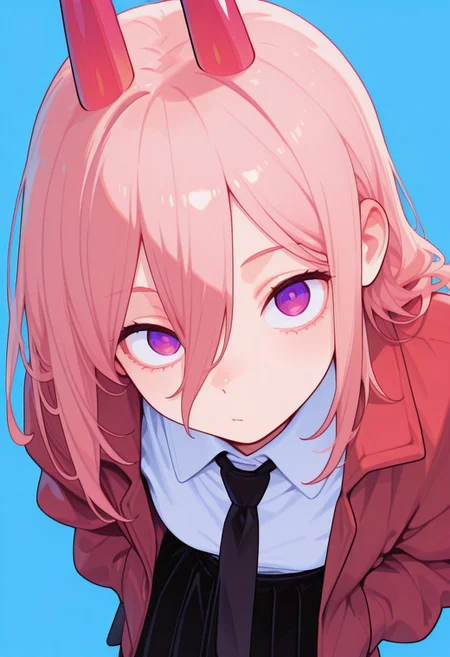 score_9, score_8_up, score_7_up, score_6_up, masterpiece, best quality, newest, absurdres, highres, traditional media, 1girl, CivChan, black necktie, necktie, solo, medium hair, purple eyes, pink hair, shirt, jacket, white shirt, skirt, pink footwear, collared shirt, shoes, blue background, simple background, power \(chainsaw man\), hands in pockets, facing viewer, looking at viewer, leaning forward, close-up, red jacket, from above, upturned eyes, close-up,portrait, Colorful themes,High Saturation, haiz_ai, no lineart,no outline