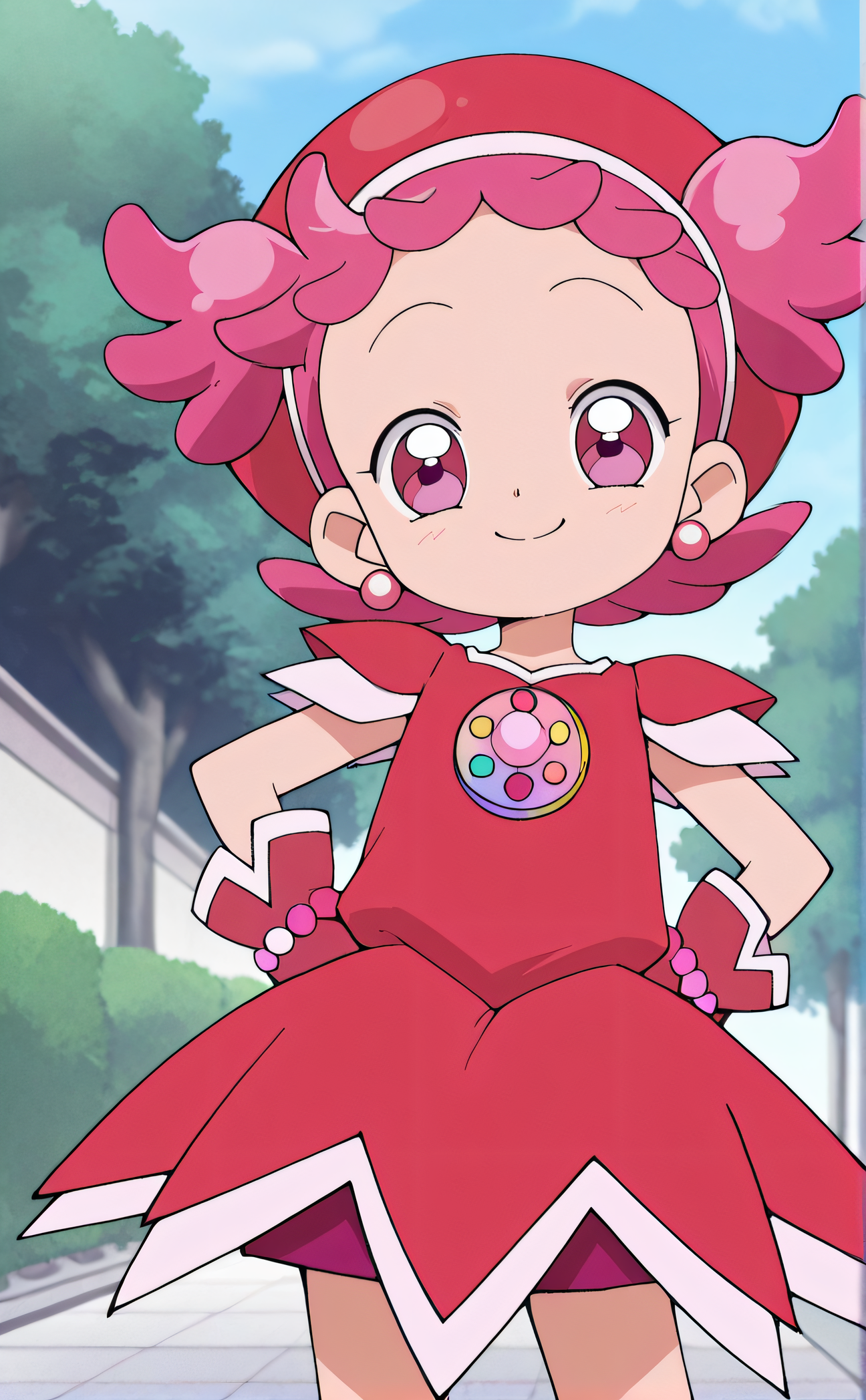 masterpiece, best quality, highres, newest, 1girl, solo, official style, anime screencap, <lora:IL_Harukaze_Pop:1>, harukazepop, child, pink hair, pink eyes, jewlery, earring, red hat, red dress, magical girl, red gloves, looking at viewer, smile, outdoor, cowboy shot, hand on hip