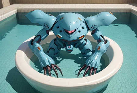 score_9, score_8_up, score_7_up, source_anime, front view, BREAK, ( hygogg, blue_hygogg_armor, pink monoeye, looking at viewer, leaning forward, long arms, very long arms, claw on edge of tub, long claws) 1mech, wide mech, large shoulders, large shoulder armor, mech focus, solo, BREAK, hygogg in pool, in water, body in water, Poolrooms, Liminal Space, wide shot, distant, from above,