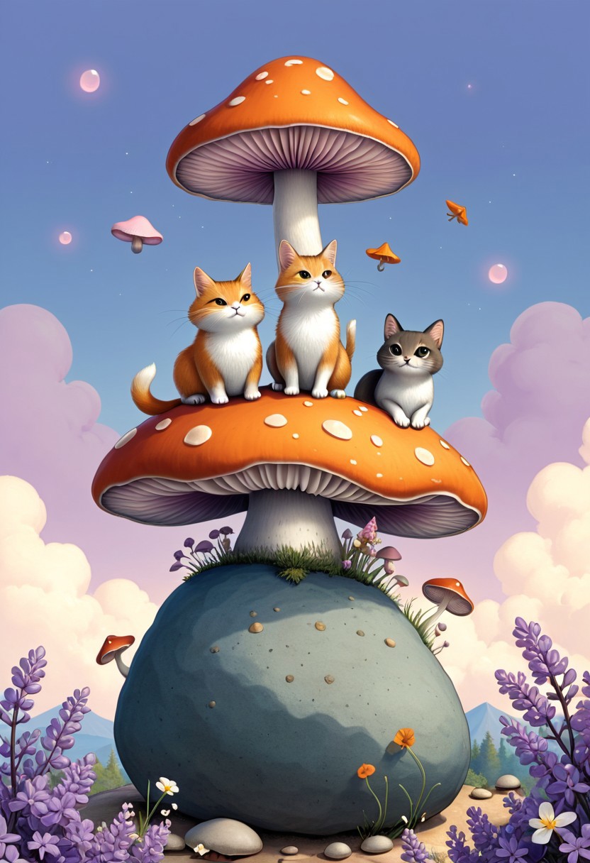 A SimpleIllustration of Two mischievous mushrooms in monocles debate philosophy atop a lilac boulder, while a translucent cat floats by on a breeze of apricot stardust.