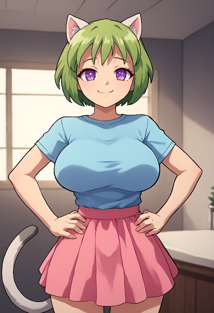 score_10, score_9, score_8, 1girl, solo, rakuchan, pink skirt, purple eyes,blue shirt,green hair, smile, eye shine,(large breasts:0.6), indoors, white cat ears, grey cat tail, hands on hips, cowboy shot