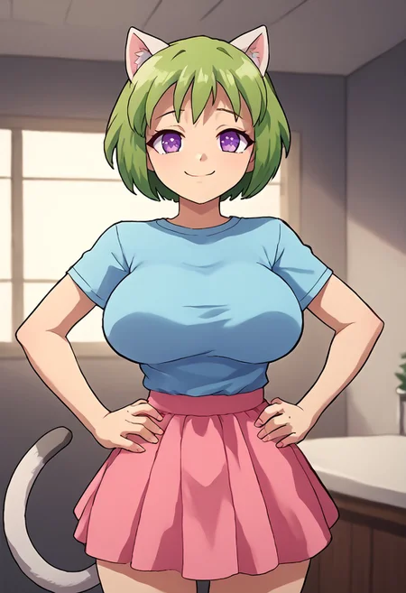 score_10, score_9, score_8, 1girl, solo, rakuchan, pink skirt, purple eyes,blue shirt,green hair, smile, eye shine,(large breasts:0.6), indoors, white cat ears, grey cat tail, hands on hips, cowboy shot
