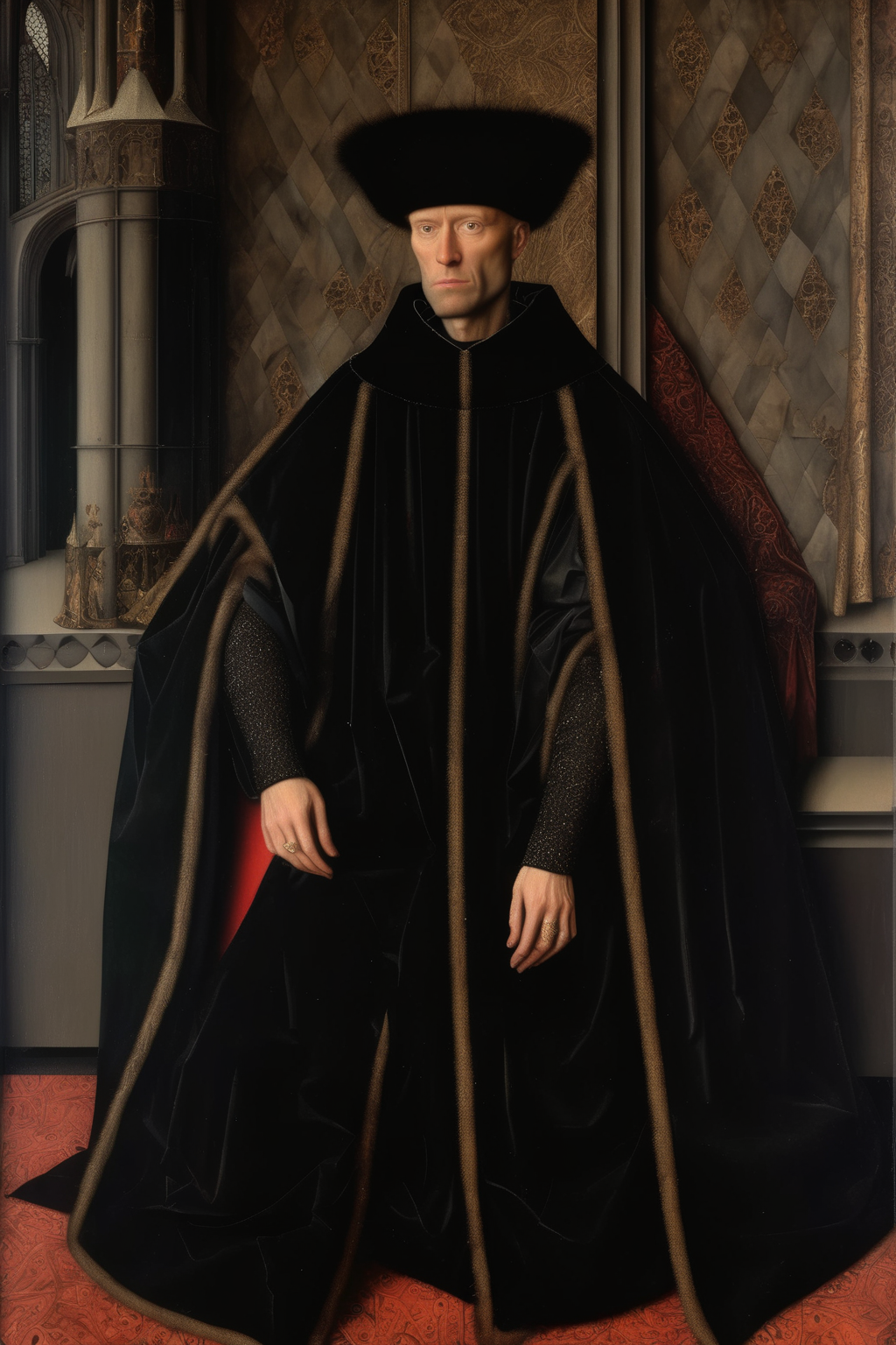 <lora:Jan van Eyck Style:1>Jan van Eyck Style - portrait of a royal man in the black robes, sitting in the castle painted
