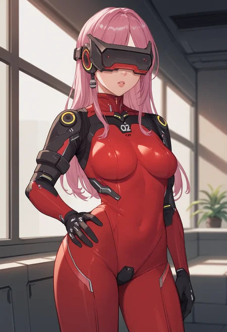 score_9, score_8_up, score_7_up, source_anime BREAK 1girl, solo, <lora:massproduced-nikke-richy-v1_pdxl:1> mssprd, head-mounted display, covered eyes, pink hair, long hair, red bodysuit, indoors, science fiction, parted lips, thighs, standing, hand on hip
