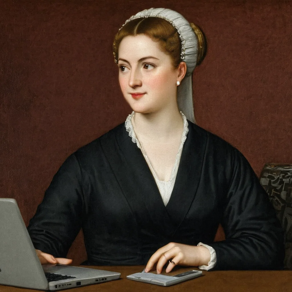 Painting of detailed realistic office lady working on laptop AH_Titian <lora:Paintings_by_Titian_-_Venetian_Renaissance:1>