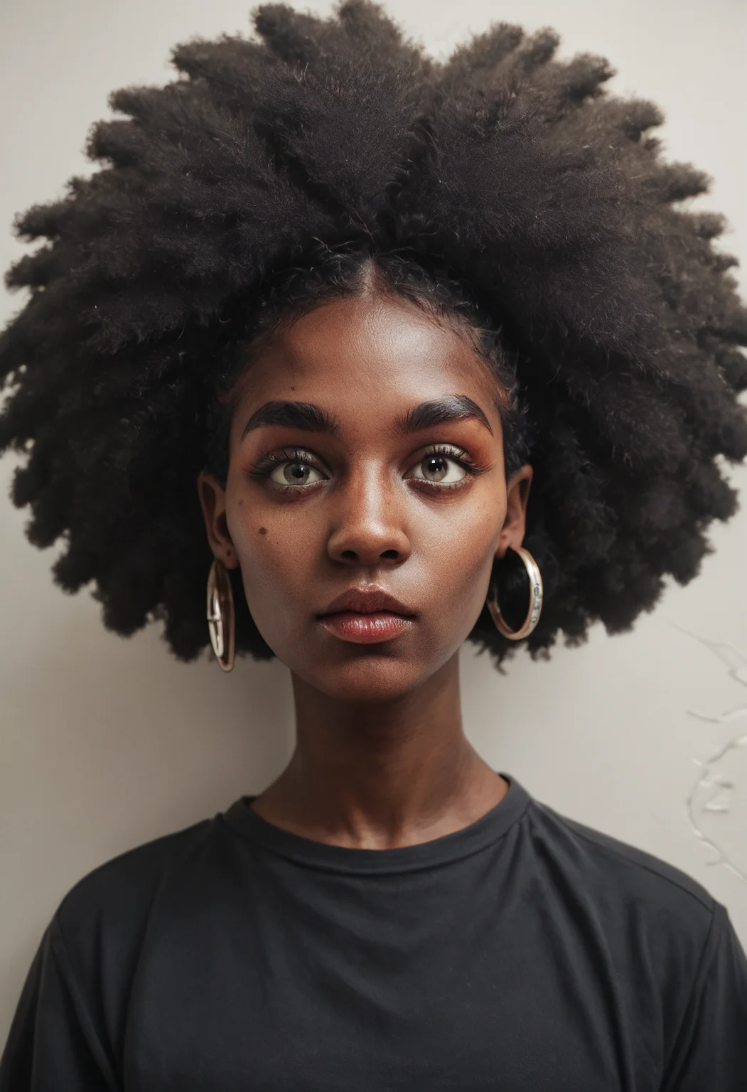 score_9, score_8_up, score_7_up, score_6_up, score_5_up, score_4_up, a highly detailed painting of a black woman, 1 woman, black woman, dark skin, college student, activist, very large loose frame filling afro that hangs over one eye, no makeup, queen earrings,  (very close-up, fisheye view), gentle expression<lora:Black_Woman_v3-000006> <lora:detailed_notrigger>