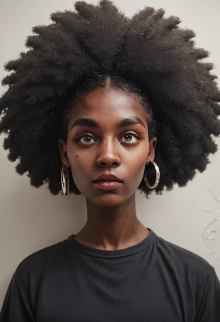 score_9, score_8_up, score_7_up, score_6_up, score_5_up, score_4_up, a highly detailed painting of a black woman, 1 woman, black woman, dark skin, college student, activist, very large loose frame filling afro that hangs over one eye, no makeup, queen earrings,  (very close-up, fisheye view), gentle expression<lora:Black_Woman_v3-000006> <lora:detailed_notrigger>