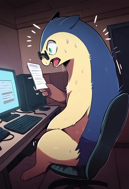 score_9,score_8_up,score_7_up,score_6_up,score_5_up,score_4_up, computer focus, typhlosion, sitting, in chair, Side view, (head turned to viewer), shocked, expression, reading glasses, wide eyes, Computer Screen, Action Lines on Computer, Sweat drip on forehead,
Room Setting