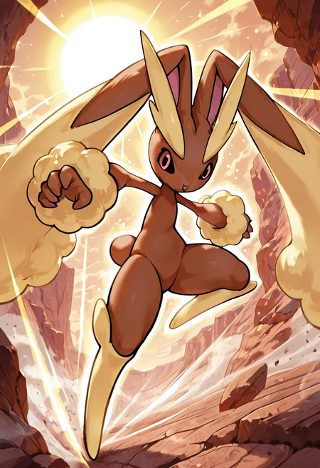 masterpiece, best quality, no humans, zzLopunny, action pose, fast motion, rocky canyon, dust clouds, tense expression, dynamic leap, sunlight flare, intense mood, agility â Bounding through the winding walls of a red canyon, Lopunny kicks off a cliff edge with explosive speed. Dust swirls beneath her feet, trailing in the wind as her figure blurs past the rocks. Her eyes are narrowed with fierce focus, and each leap carries her closer to her target. Sunlight flares over the ridge, catching on the edge of her fur in a golden flash. <lora:LopunnyPokedex_IXL:1.0>,