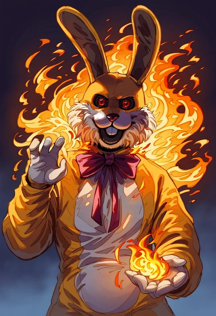 score_9, score_8_up, score_7_up, ((luckytherabbit)), source_furry, head shot, looking at viewer, solo, (yellow fur, rabbit costume), (masterpiece, best quality:1.2), (perfect anatomy), (detailed face, detailed body), purple bow, black sclera, fire, red eyes, glowing, beautiful eyes, male, correct eyes, solo, concept art, realistic, sw4p
