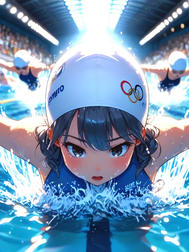 source_anime, close-up, dutch angle, butterfl_ystroke, lying on stomach, leaning forward, water flow, refraction, player swimsuit, splashing, skylight, pool, olympic games venue, cinematic lighting, crowd, swim cap, looking down, head down, bent over, cleavage, big tits, <lora:girllikebutterflystroke_pony:1>