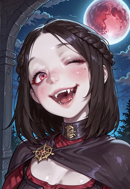4k, fine detail, high quality eyes, masterpiece, best quality, amazing quality, geh1, 4s0r4, eigaka, possmach, artist:moriimee, 1 girl, solo girl, portrait, pale skin, seranaill, looking at viewer, red eyes, black hair, cape, night, moon, full moon, red moon, vampire outfit, collar, braid, medium hair, fangs, open mouth, blush, smile, wink, head tilt,