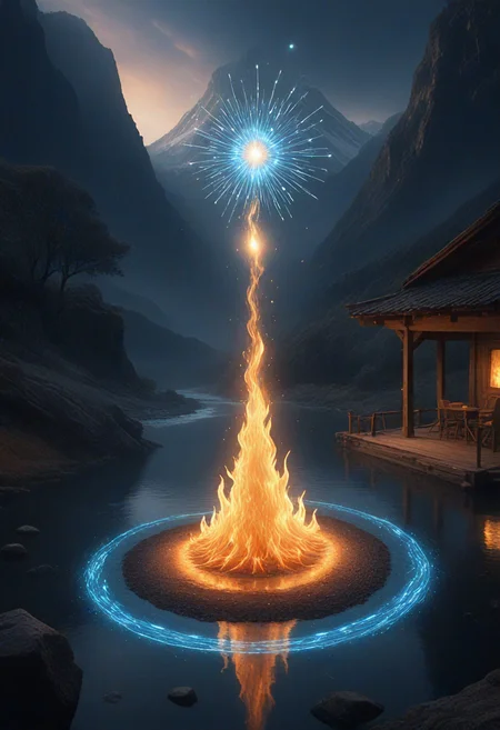 Sparkle, Award Winning, Augmented Reality Art Style,Hermit, (*Channel_42*), [earth|dirt] erupting AND [air|wind] blowing AND [water|river] flowing AND [fire|flame] burning, crystalized nodes,Augmented Reality Art Style,Midnight setting,<lora:Analogy_Digitaly_Lo-fiy__Buttony_Levery_Thing.safetensors:4.5:1.0> <lora:SDXLFaeTastic2400.safetensors:1.5:1.0> <lora:add-detail-xl.safetensors:3.0:1.0>