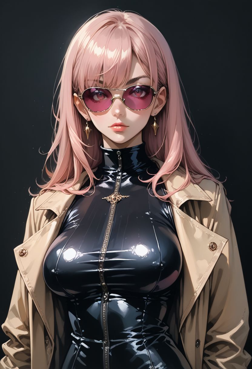 source_anime, score_9, score_8_up, score_7_up, portrait, 
1woman, black skinned, Long straight pink hair, bangs, sunglasses, big breasts, revealing clothes, curvy, Black latex trenchcoat, graphic_female_nudity,
black background, standing, detailed, high quality,