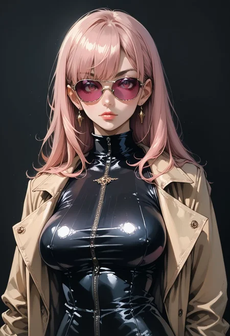 source_anime, score_9, score_8_up, score_7_up, portrait,
1woman, black skinned, Long straight pink hair, bangs, sunglasses, big breasts, revealing clothes, curvy, Black latex trenchcoat, graphic_female_nudity,
black background, standing, detailed, high quality,