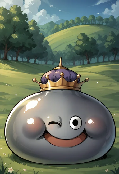 score_9, score_8_up, score_7_up, source_anime, no humans, solo, looking at viewer, wink, <lora:SlimeDQ-pdxl:1> dqking, slime \(creature\), fat, crown, smile, happy, gray skin, shiny skin, outdoors, field