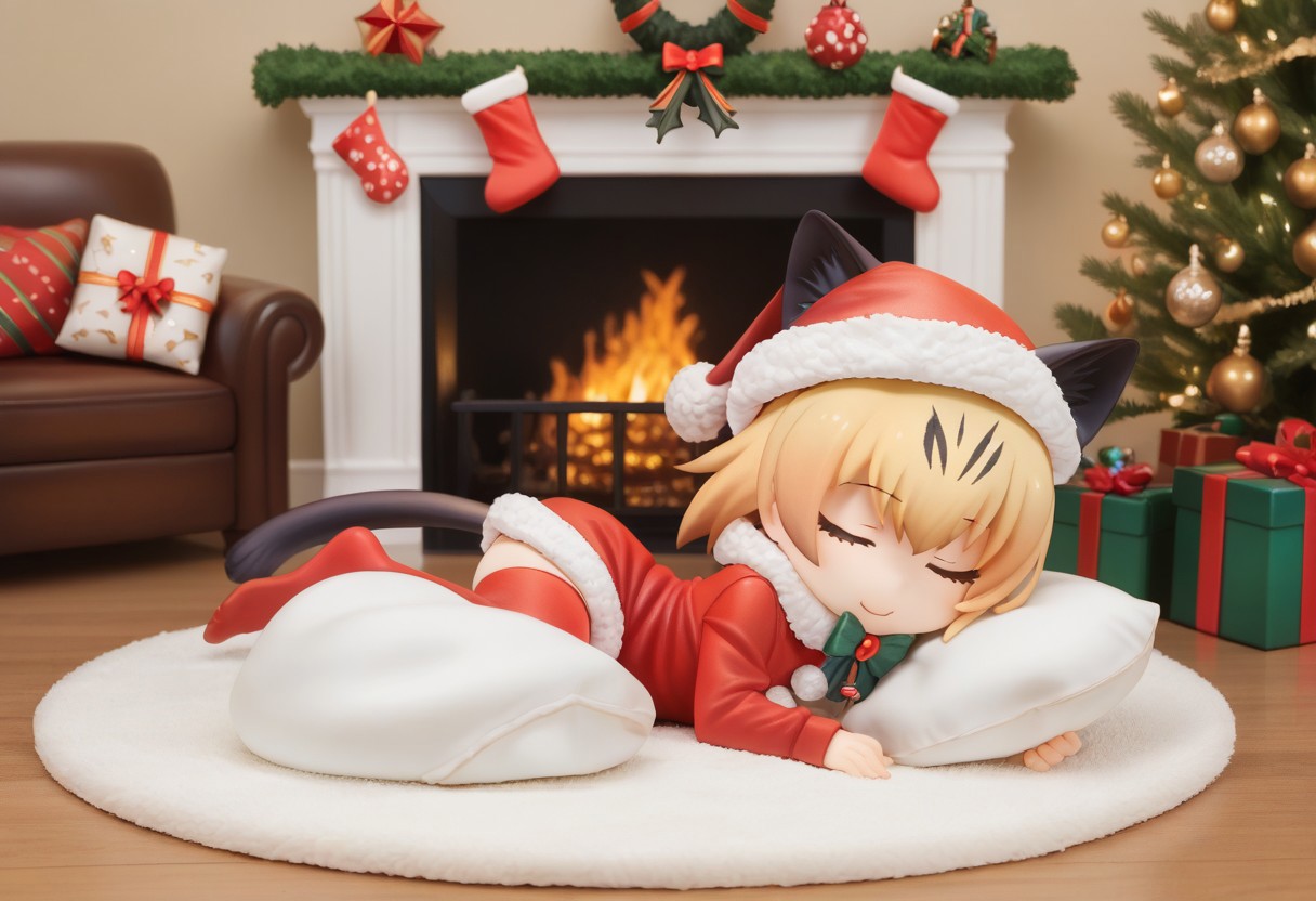 1girl, ((solo)), best quality, ultra-detailed, extremely detailed, perfect anatomy, masterpiece, score_9, score_8_up, score_7_up, Expressiveh, sand cat \(kemono friends\), 1girl, cat girl, cat ears, blonde hair, short hair, cat tail, christmas tree, christmas decoration, christmas ornaments, underneath Christmas tree background, indoors, santa cosplay, santa outfit, santa hat, santa's sack, Christmas outfit, giant sack of presents, fully clothed, Christmas themed thighhighs, thighhighs, elbow gloves, bowtie, santa's sack of presents, red ribbon collar, Christmas presents, Christmas themed, living room, fireplace, (chibi), cute, adorable, closed eyes, sleeping, smiling, laying on side, side view, tail_accessory, mistletoe_on_tail, mistletoe, closeup,